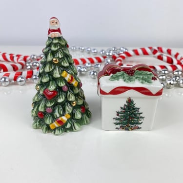 Spode Christmas Tree & Present Salt and Pepper Shaker Set, Spode Christmas Tree w/Tiny Santa tree topper, Spode Wrapped Gift Present Ribbon 