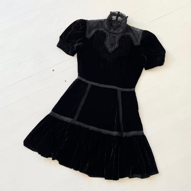 Vintage Ralph Lauren RRL Black Velveteen Dress with Lace Neckline and Trim 