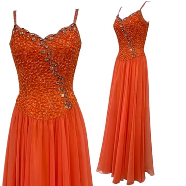 Vtg Vintage 1970s 70s Formal Beaded Sequin Rhinestone Chiffon Melon Orange Gown 