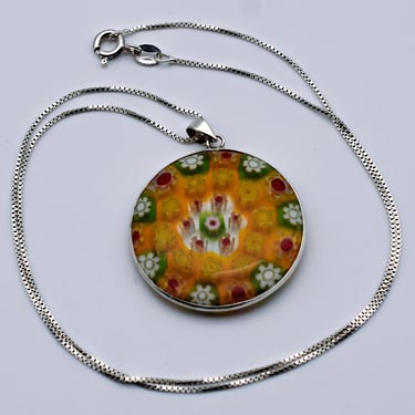 70's Millefiori glass 18K GP floral hippie pendant, charming Italy sterling box chain necklace 