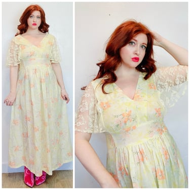 1970s Vintage Pastel Yellow Empire Waist Prairie Dress / 70s Lace Flared Sleeve Maxi Gown / Size Medium 