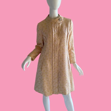 60s Vintage Brocade Dress Coat, Metallic Gold Mod Rhinestone Dress Medium 