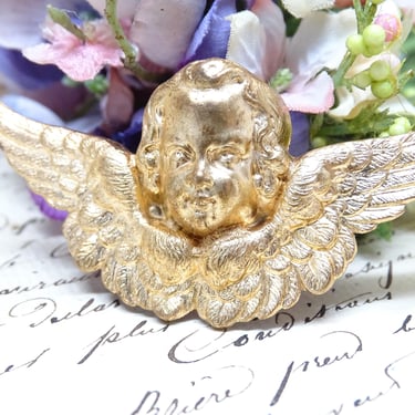 Antique French Brass Angel Ex Voto, Vintage Religious Cherub Putti Icon Shrine, South of France Monastery 