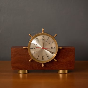 Vintage Nautical Brass and Mahogany Ship Wheel Mantel Clock 
