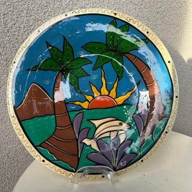 Vintage Mexican folk wall art plate pottery hand painted fish palm tree theme size 12” 