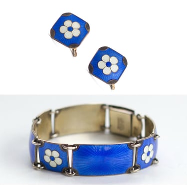 Finn Jensen signed cobalt blue enamel bracelet and earring set 