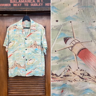 Vintage 1950’s Rocket Ship Outer Space Planets UFO Rayon Hawaiian Rockabilly Shirt, Super Rare, Original, Atomic, 50’s Vintage Clothing 