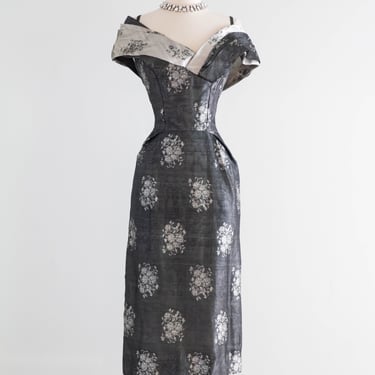 Glamorous 1950's Lilli Ann Black & Silver Floral Print Cocktail Dress / SM