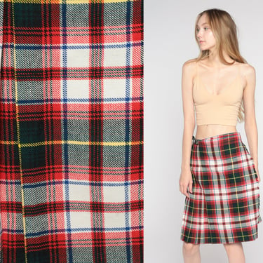 Plaid Wool Skirt 70s 80s Knee Length School Girl Skirt Pleated Tartan High Waist Leather Strap Preppy Lolita Red Vintage Extra Small S XS 