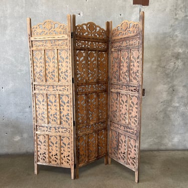 Carved Wood Three Panel Screen / Room Divider