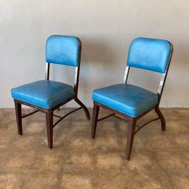 Mid Century Steel Tanker Side Chairs, Refinished in Turquoise Leather - Pair