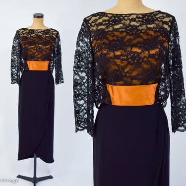 1960s Black & Lace Copper Evening Dress | 60s Black Lace Formal | Jackie O | Joyces Clothes Port | Small 