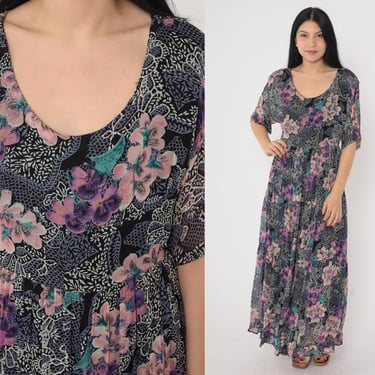 Vintage Long Floral Dress 90s Tiered Boho Maxi Dress Paisley Flower Print Hippie Scoop Neck Short Sleeve Black Purple 1990s Oversized Medium 