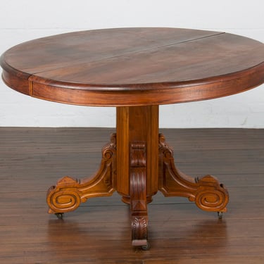 Antique French Napoleon III Walnut Oval Pedestal Extendable Dining Table 