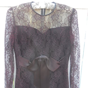 Size Small Antique Lace Iridescent Black Maroon New Years Eve Women's Dress, Big Bow and Lace Satin Textured Fabric 