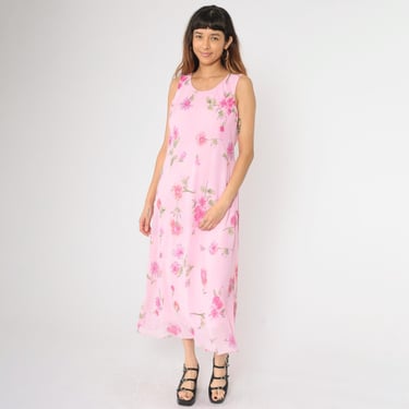 90s Pink Floral Maxi Dress Tank Sundress Y2K Scoop Neck Chiffon Sleeveless Sun Retro Summer Ankle Length Vintage 1990s Large 12 