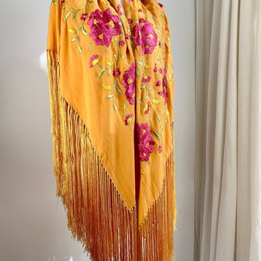 1920'S PIANO SHAWL - All Silk - Elaborate Embroidered Flowers - Vivid Orange with Hot Pink & Mint Green - 82 Inch Square 