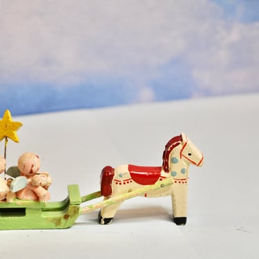 Antique Erzgebirge Wood Horse Drawn Wood Wagon Sled Christmas Ornament Driven by 2 Angels or Cherubs Putz RARE Collectible Heirloom Ornament 