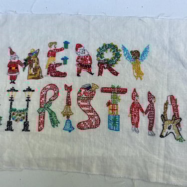 Completed Bucilla Merry Christmas Vintage Embroidery, Xmas Wall Decor, Needlecraft 2848, Whimsical Stitchery, Hand Embroidered 
