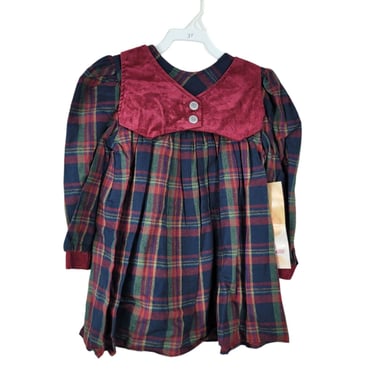 Vintage NEW Girls Dress 3T Pleated Plaid Pleated Faux Suede Velvet Vest Top Blue 