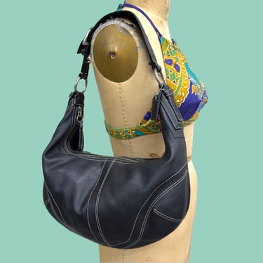 Vintage Coach Soho Hobo Shoulder Bag Retro 2000s Y2K + Preppy + 11032 + Genuine Leather + Black + Contrast Stitching + Womens Accessory 