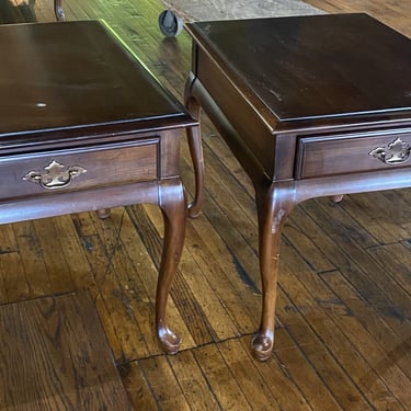 PAIR Dark Wood Side Table w Drawer and Brass Pulls