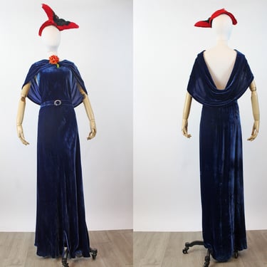 1933-1935 NRA BLUE draped CAPE back velvet dress small  | new winter 