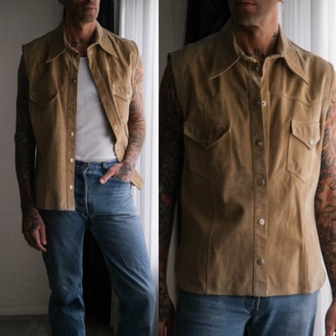 Vintage 90s Dolce and Gabbana Tan Western Suede Sleeveless Snap Button Shirt | Made in Italy | 100% Genuine Suede | 1990s D&G Designer Vest 