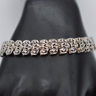 80's sterling leafy hearts link bracelet, diamond cut Chapal Zenray NF 925 silver statement 