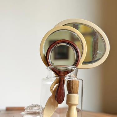 Victorian hand held beveled mirror bundle rustic wood faux ivory celluloid set 