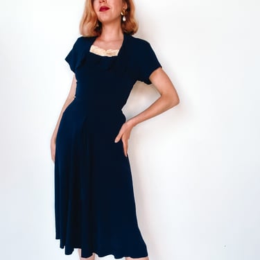 1940s Navy Dress with Lace Collar, sz. XS/S