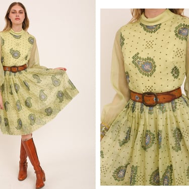 Vintage 1960s 60s Alfred Shaheen Light Green Geometric Screen Printed Paisley Midi Dress w/ Long Sheer Sleeves Mock Neck Pleated Skirt 