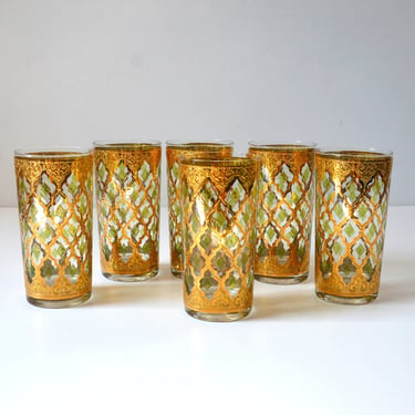 Mid Century Valencia Pattern Collins Glasses in 22K Gold and Green, by Culver - Set of 6 