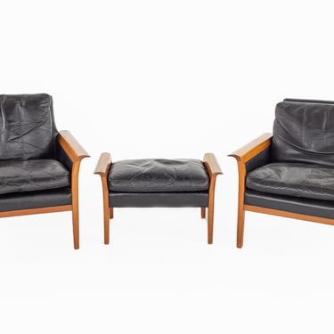 Knut Sæter for Vatne Mobler Mid Century Teak and Black Leather Chair and Ottoman Set - mcm 
