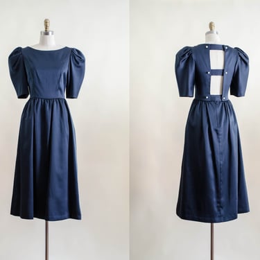 navy puff sleeve dress | 80s 90s vintage dark blue satin cottagecore maiden princess low back cutout midi dress gown 