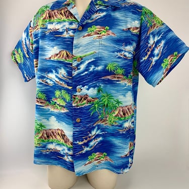 1950's Early 60's Hawiian Shirt - IOLANI Label - Rayon Crepe - Colorful Vignettes of Island Scenes - Loop Collar - Men's Size Large 