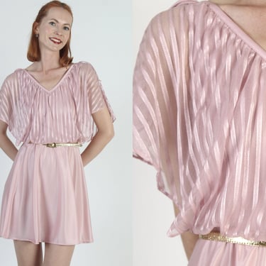 70s Pink Chiffon Mini Dress, Split Flutter Sleeve Sundress, Shoulder Tie Grecian Goddess Outfit, Barbiecore Bridesmaids Party Dress 