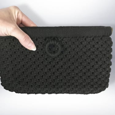 VINTAGE 60s 70s Black Macrame Crochet Pop-Open Clutch Handbag | 1960s 1970s Flex Hex Frame Purse Pocketbook | Black Woven Bag | VFG 