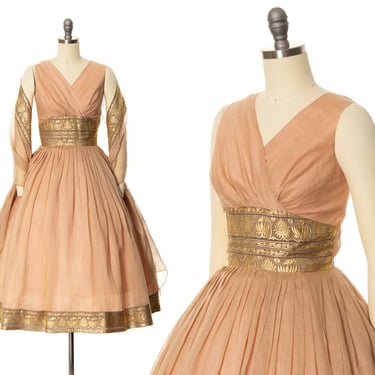 Vintage 1950s Dress Set | 50s Gold Jacquard Brocade Ribbon Beige Fit and Flare Summer Tea Dress with Matching Wrap Stole (small) 