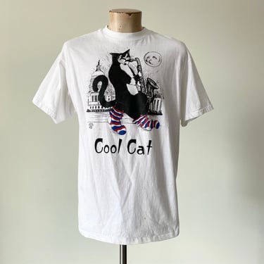 Vintage 1990s Cool Kat with Saxophone Tshirt / Vintage First Family Cat Tshirt / Vintage Clinton Era White House Tshirt / 90s Cat Lover Tee 