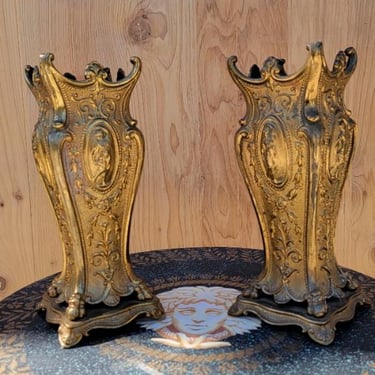 Antique French Neoclassical Ornate Gilt-Bronze Mantel Vases - Pair