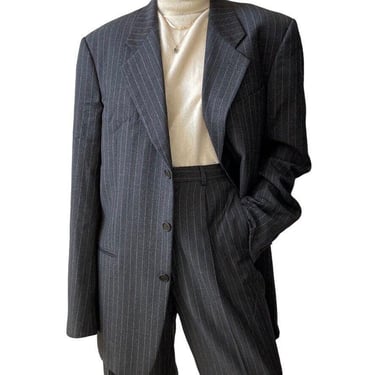 Vintage Giorgio Armani Mens Gray Wool Pin Stripe Sport Coat Suit Set Blazer 42L 