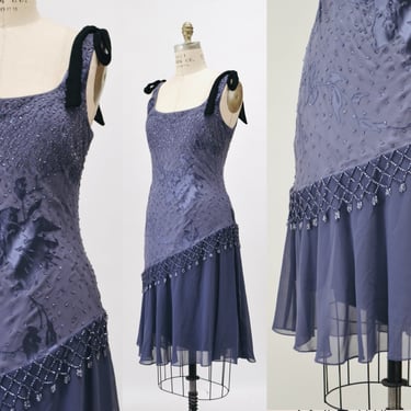 Vintage 90s 00 Y2K Bias Cut Silk Dress Purple Grey Blue Ruffle Beaded Beaded Fringe Silk Bias Cut Tank Dress Medium Large Silk Burnout Dress 
