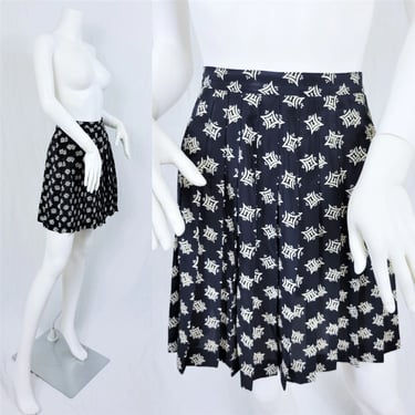 1990's Black Print Short Pleated Poly Mini Skirt I Sz Med I Express I W. 30