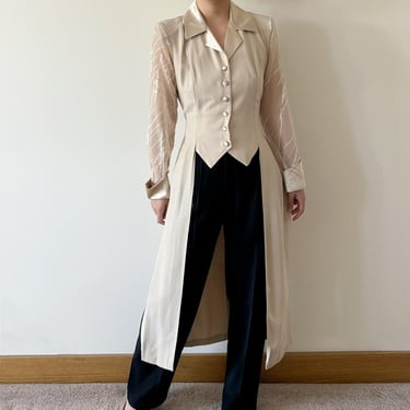 vintage duster vintage dress vintage style vintage shirt vintage blouse vintage jacket beige button down minimalist sheer 90s retro size M 