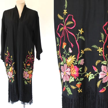 1930s Hand Embroidered Rayon Crepe Shawl Kimono Robe with Fringe Hem - 30s Vintage Floral Jacket 