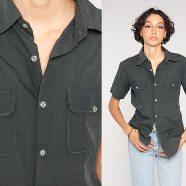 Charcoal Grey Shirt 90s Button Up Shirt Retro Plain Simple Collared Shirt Short Sleeve Preppy Basic Chest Pocket Top Vintage 1990s Small S 