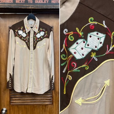 Vintage 1950’s “H Bar C” Cowboy Western Rodeo Gabardine Dice Rockabilly Shirt, 50’s Snap Button Shirt, Vintage Clothing 