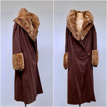 Antique 1920s Brown Wool Coat with Genuine Beaver Fur Trim, Art Deco Flapper Outerwear, Fab but Flawed, 36 Inch Bust 