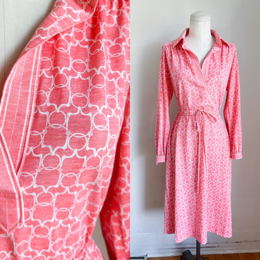 Vintage 1970s Pink & White Novelty Print Dress / M-L 